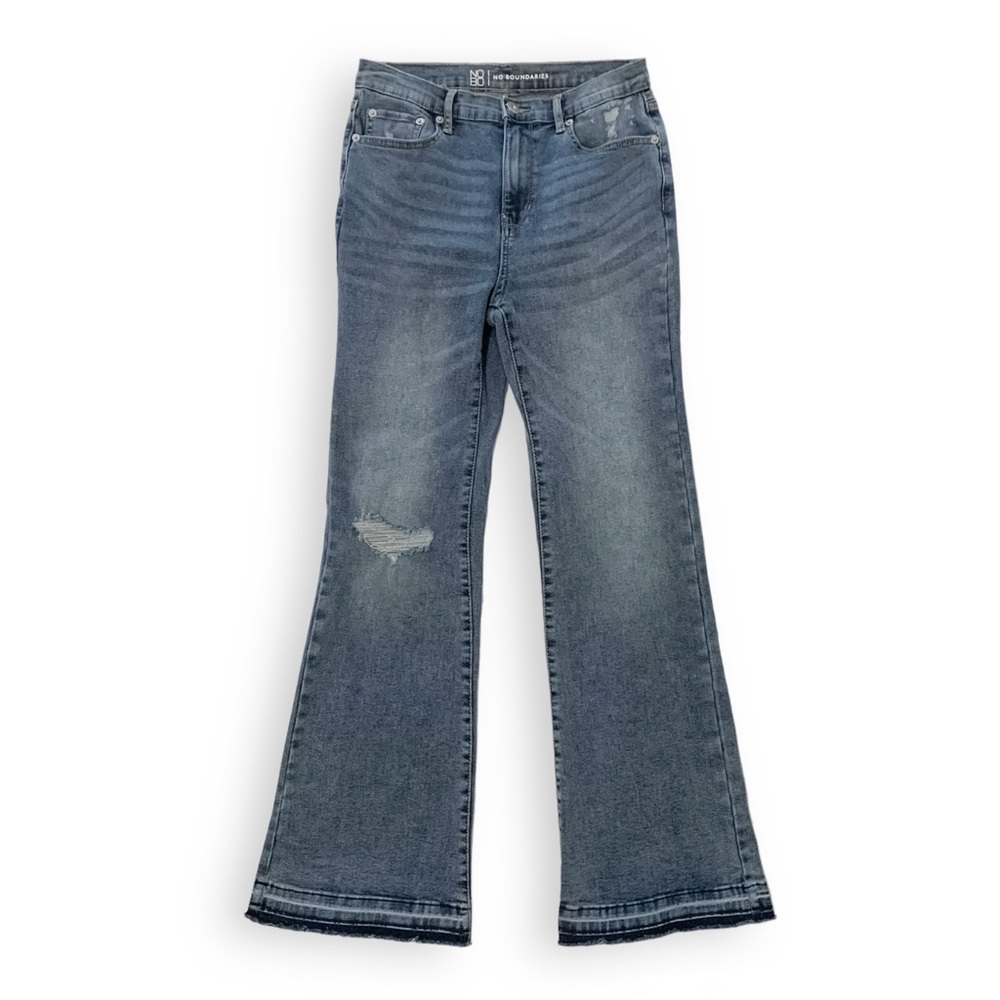 No Boundaries High Rise Distressed Flare Jeans Raw Step Hem